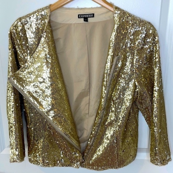 🥂 EXPRESS | Women’s Size Small Petite (SP) Gold Sequence Jacket 🧥 - Picture 4 of 6